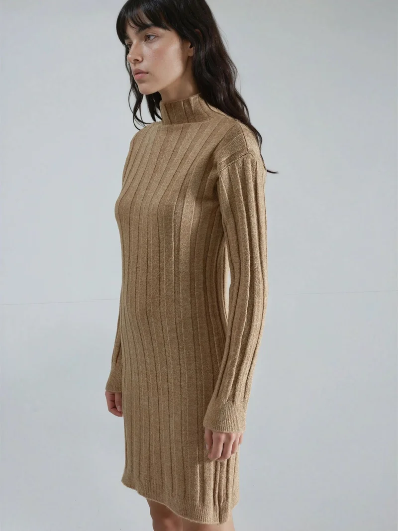 MY FASHION Camel Brown MY FASHION Ribbed Turtleneck Mini Knit Dress for Women | Best Price UAE